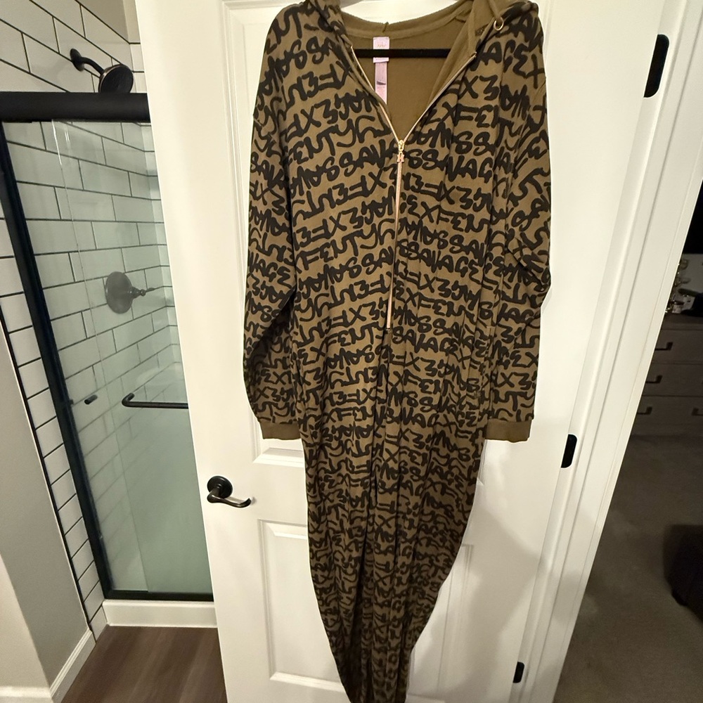 Brown Hooded Jumpsuit with Black Lettering